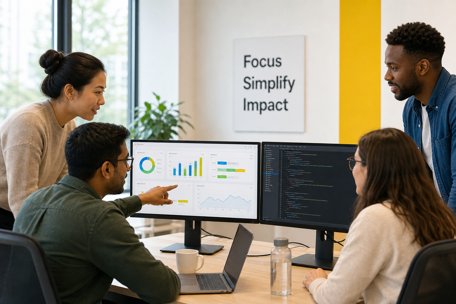 Engineers collaborating around monitors in a bright modern workspace